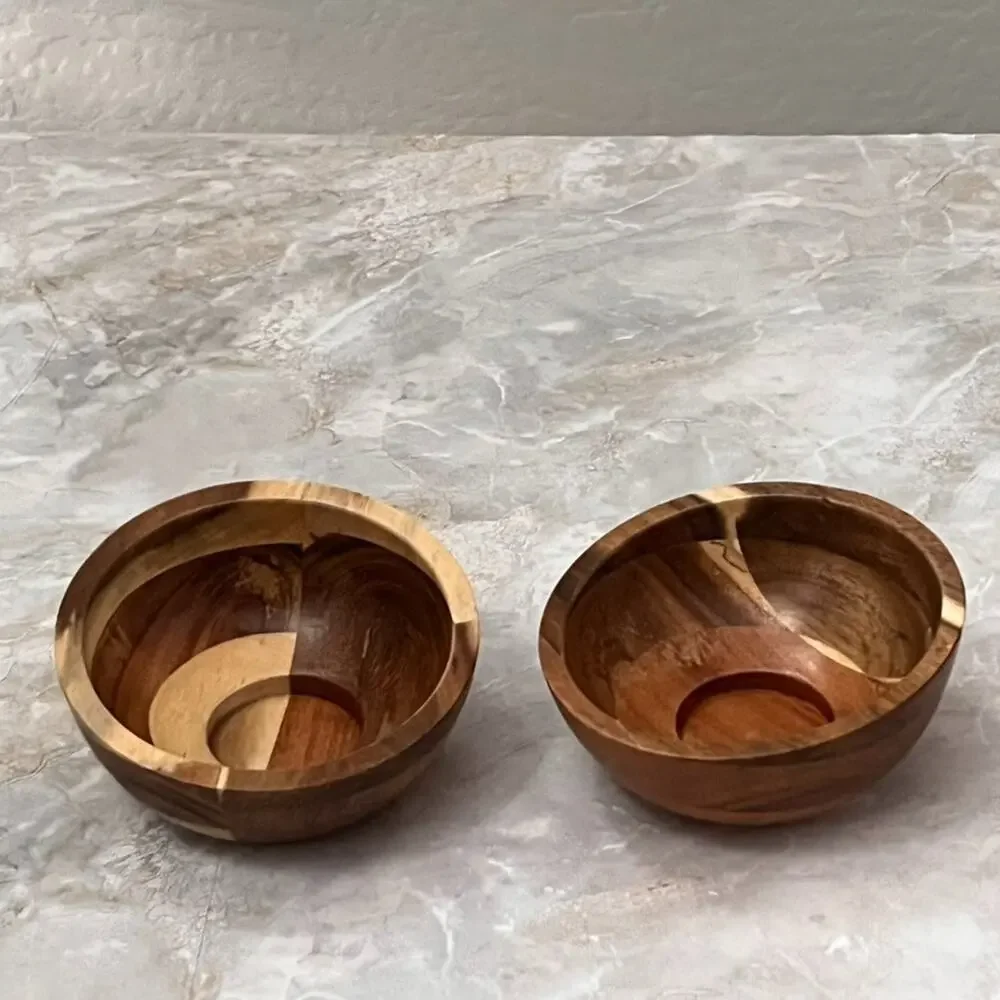 Wooden Tealight Candle Holders Set of 2 4.5 in Acai Wood Modern Minimalist MCM
